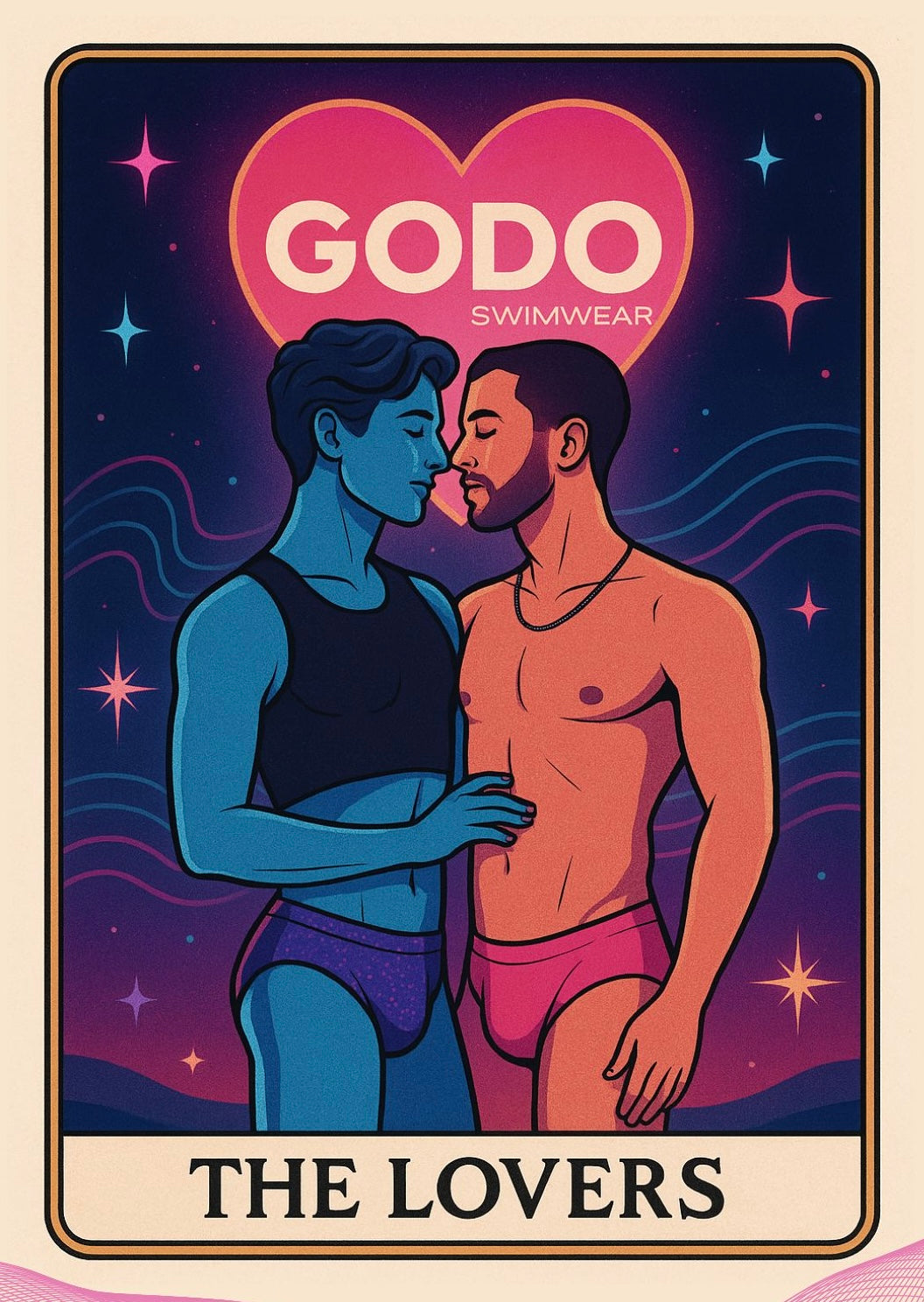 Illustration of two people embracing with 'GODO Swimwear' logo above them on a starry night background.