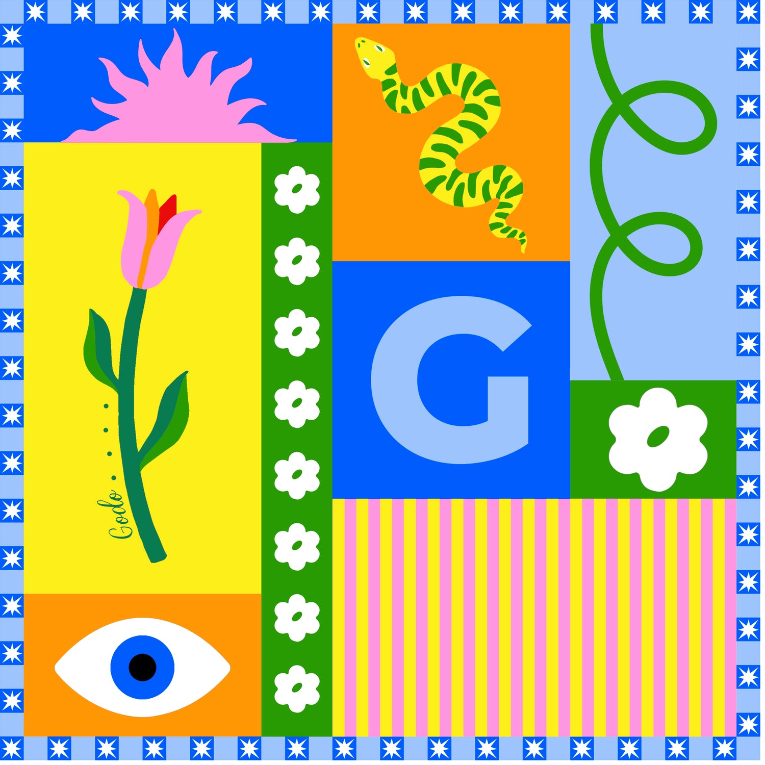 Colorful patchwork quilt with geometric shapes, animals, and letters on a blue border.