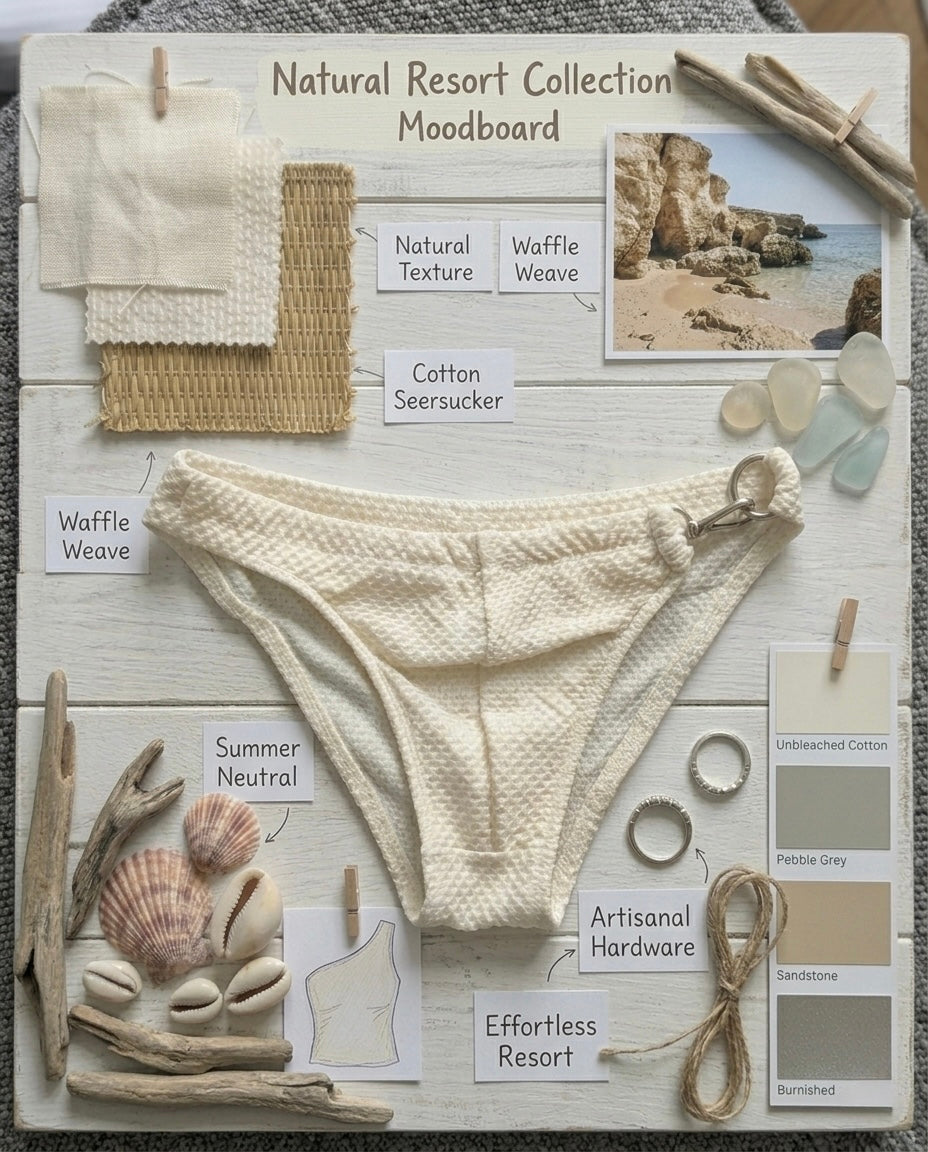 Men's beige crunch swim bikini by GODO — textured beach swimwear