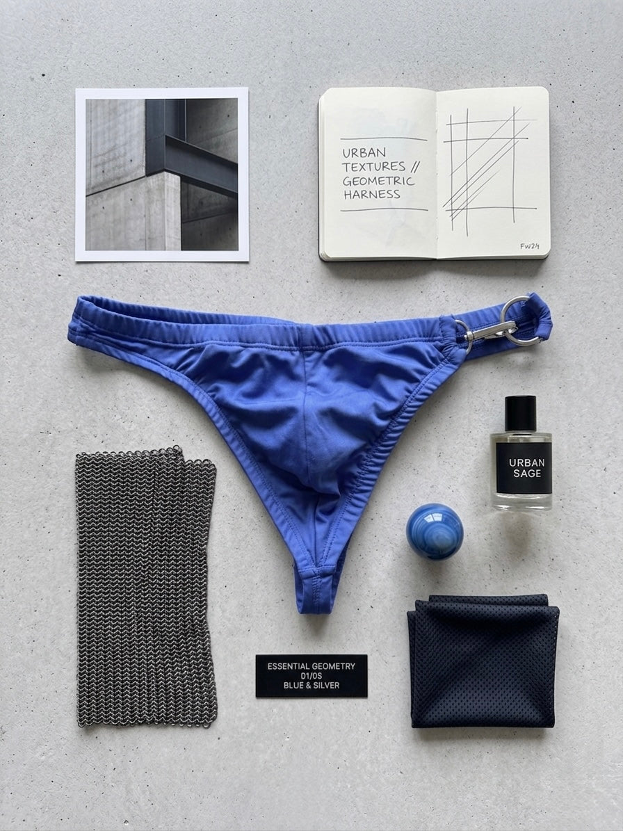 Blue men's underwear with accessories on a gray surface