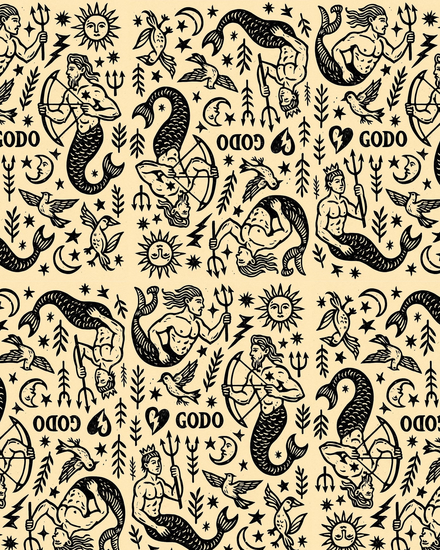 Pattern of black mermaid and astrological signs on a beige background