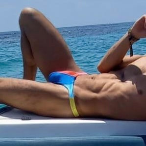 Men's striped swim thong by GODO — bold minimal beach thong